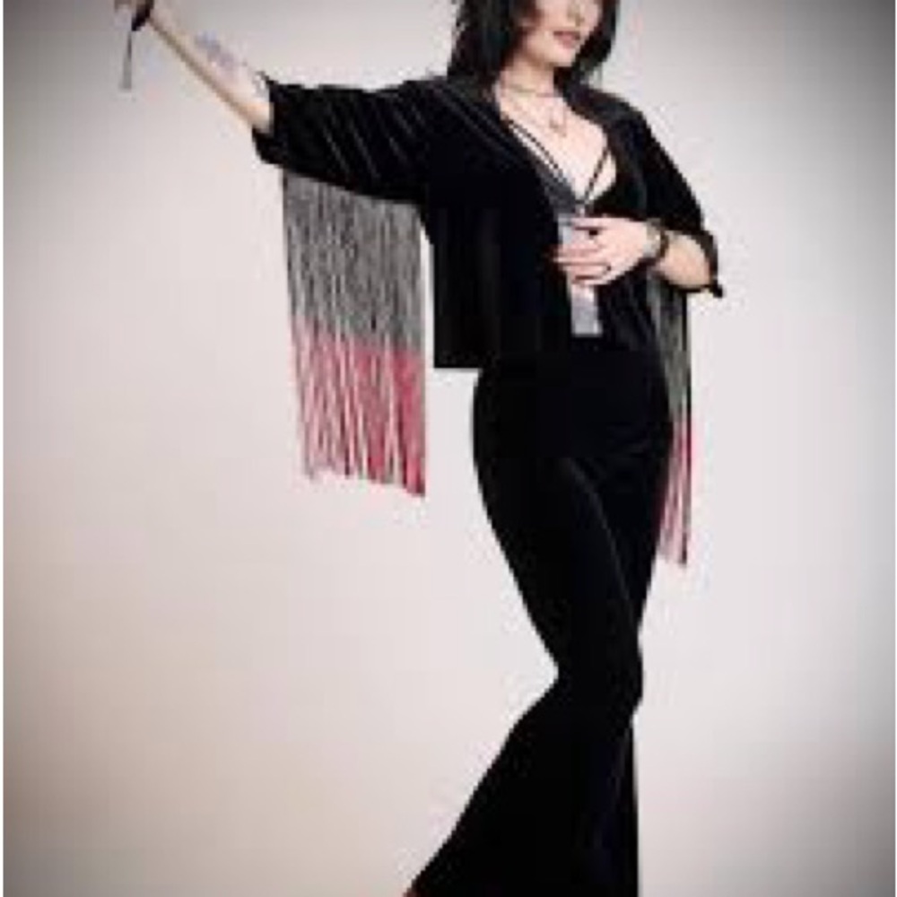 Bleeding Velvet Black and Red Velvet Fringe Kimono - Picture 2 of 11